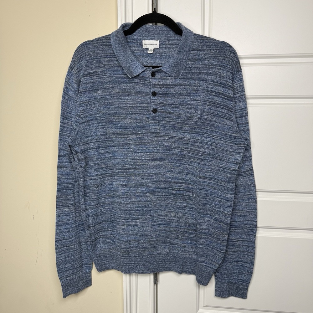 Club Monaco Sweater Polo Men's Medium Blue Long Sleeve Knit Textured Space Dye